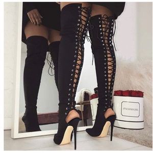 Simmi Shoes Black Lace Up Thigh High Size 6